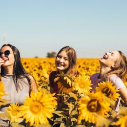 نساء يضكن في حقل زهور دوار الشمس. 